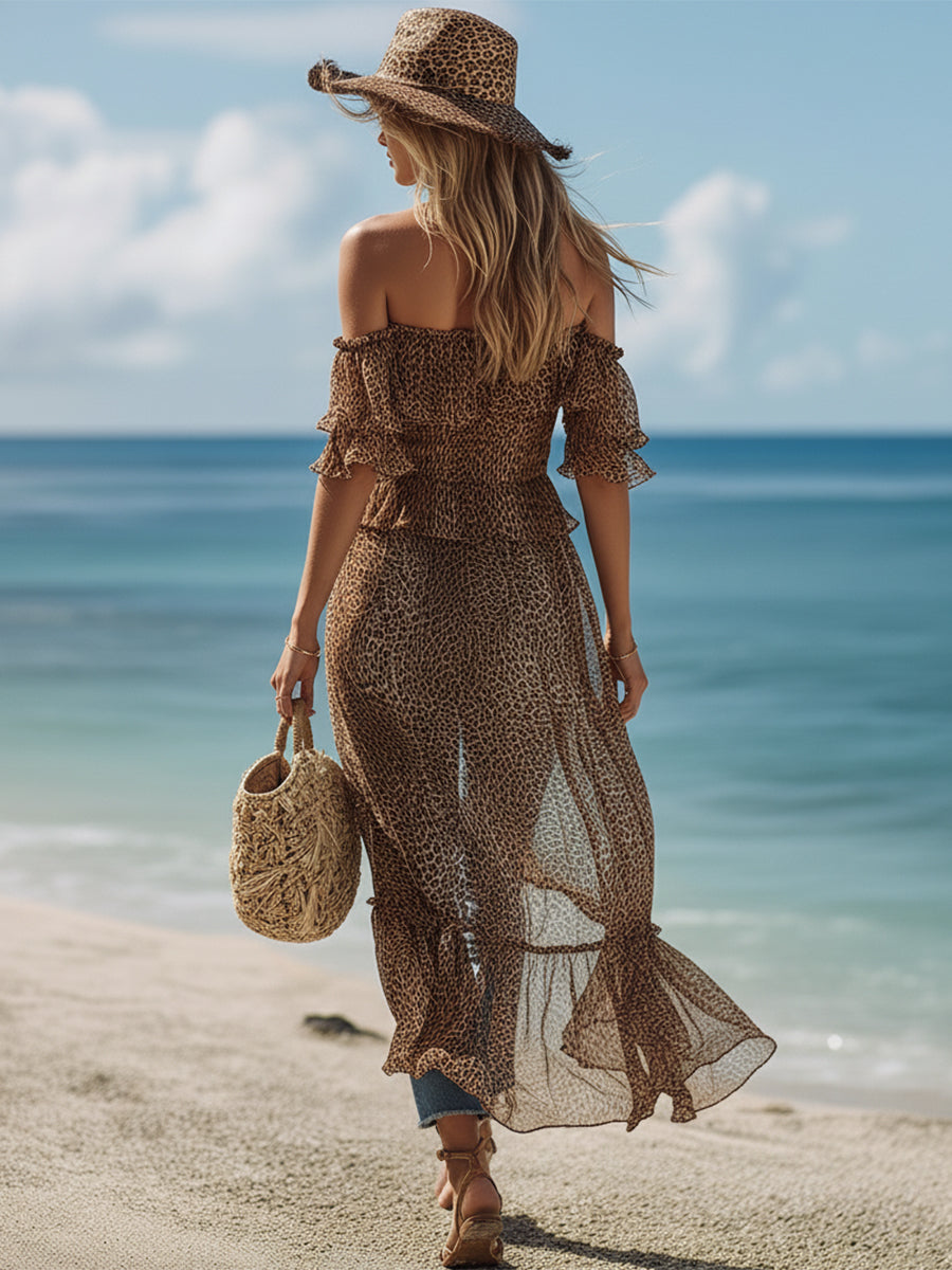 Bohemian Off-the-shoulder Leopard Print Chiffon Top And Jeans Set