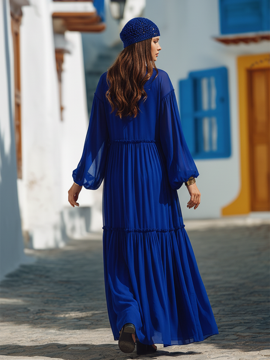 Elegant Bohemian Royal Blue Chiffon Round Neck Maxi Dress