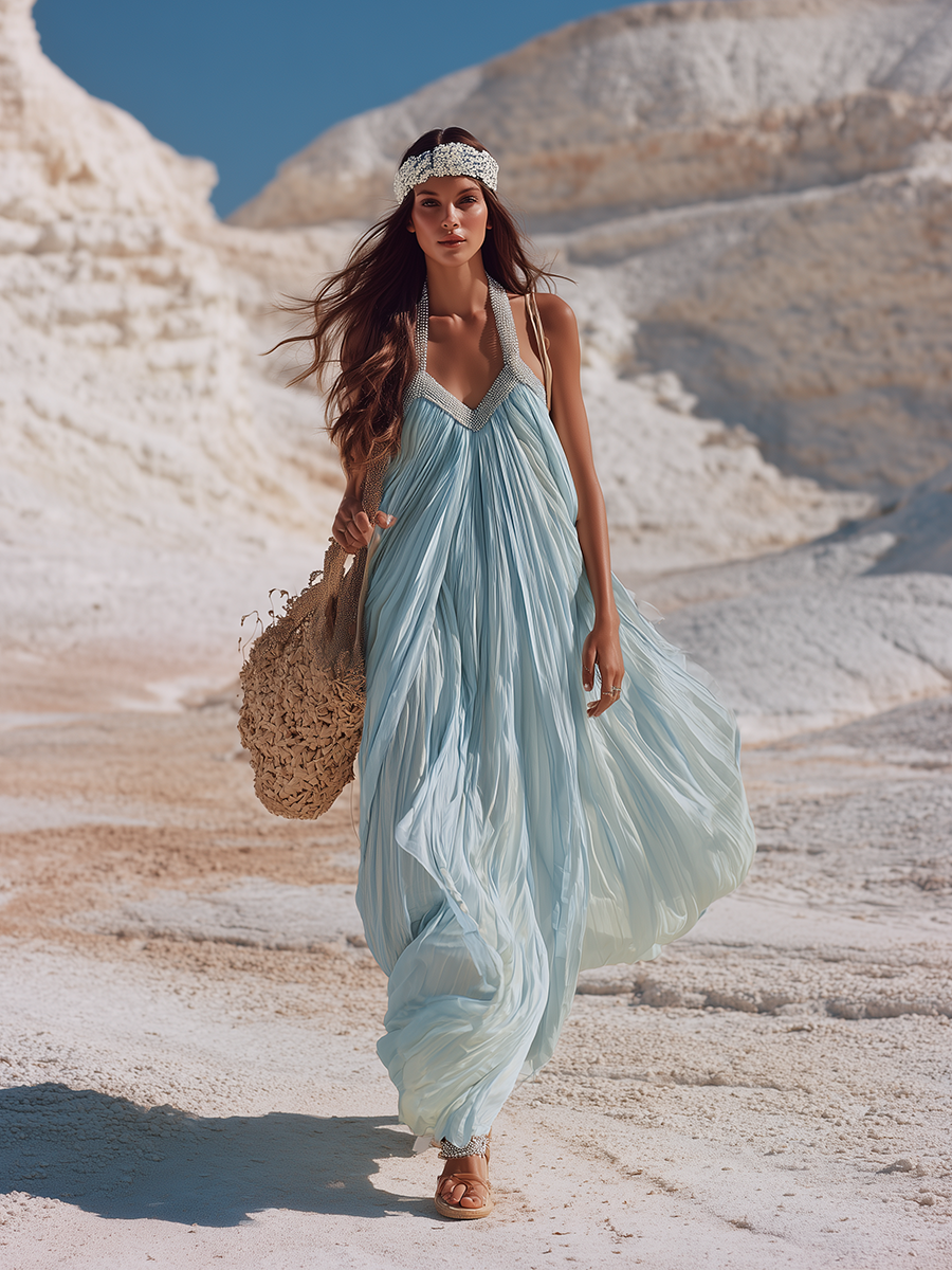 Romantic Vacation Style Silver-trimmed Neckline Pleated Hem Chiffon Maxi Dress