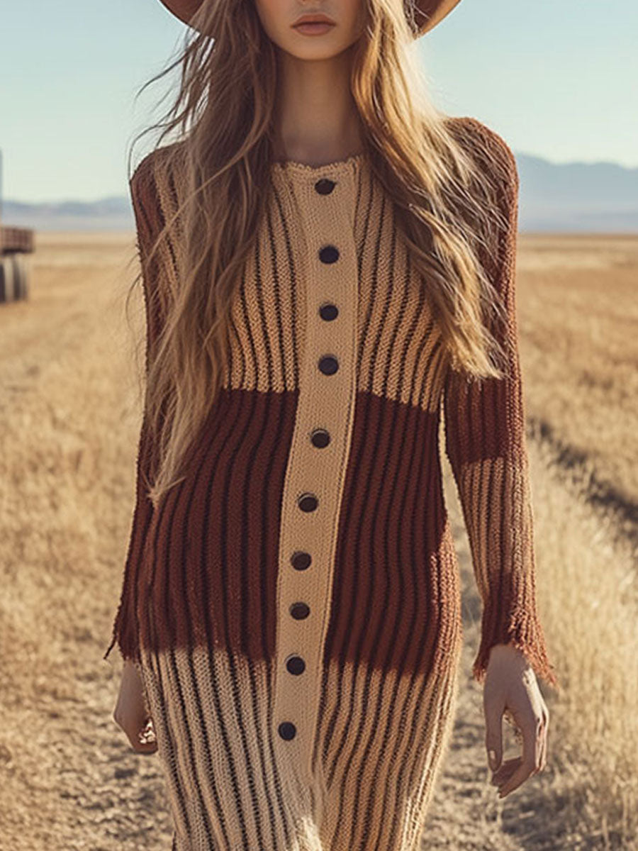 Retro Casual Brown Colorblock Long Sleeve Knitted Midi Dress