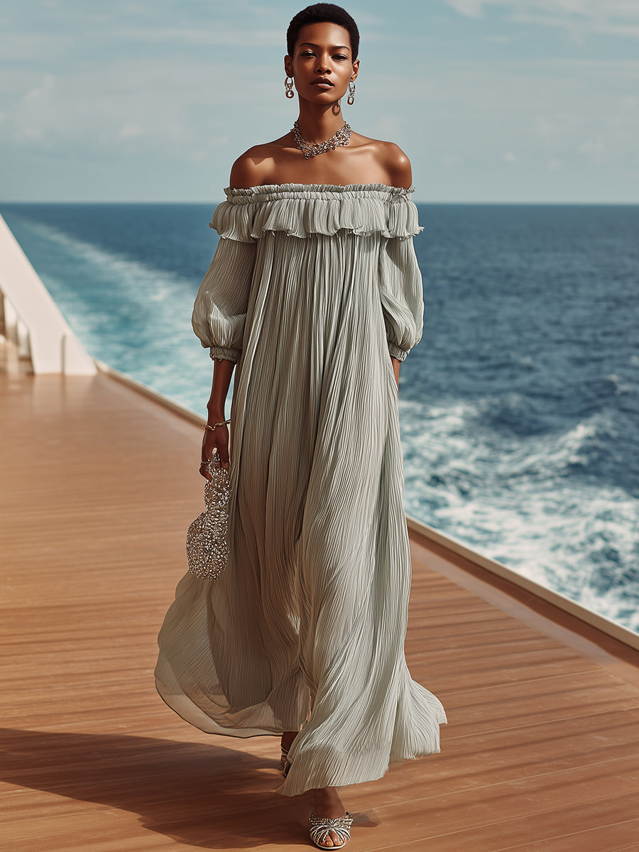 Vacation Casual Grey Crepe Chiffon Off-shoulder Maxi Dress