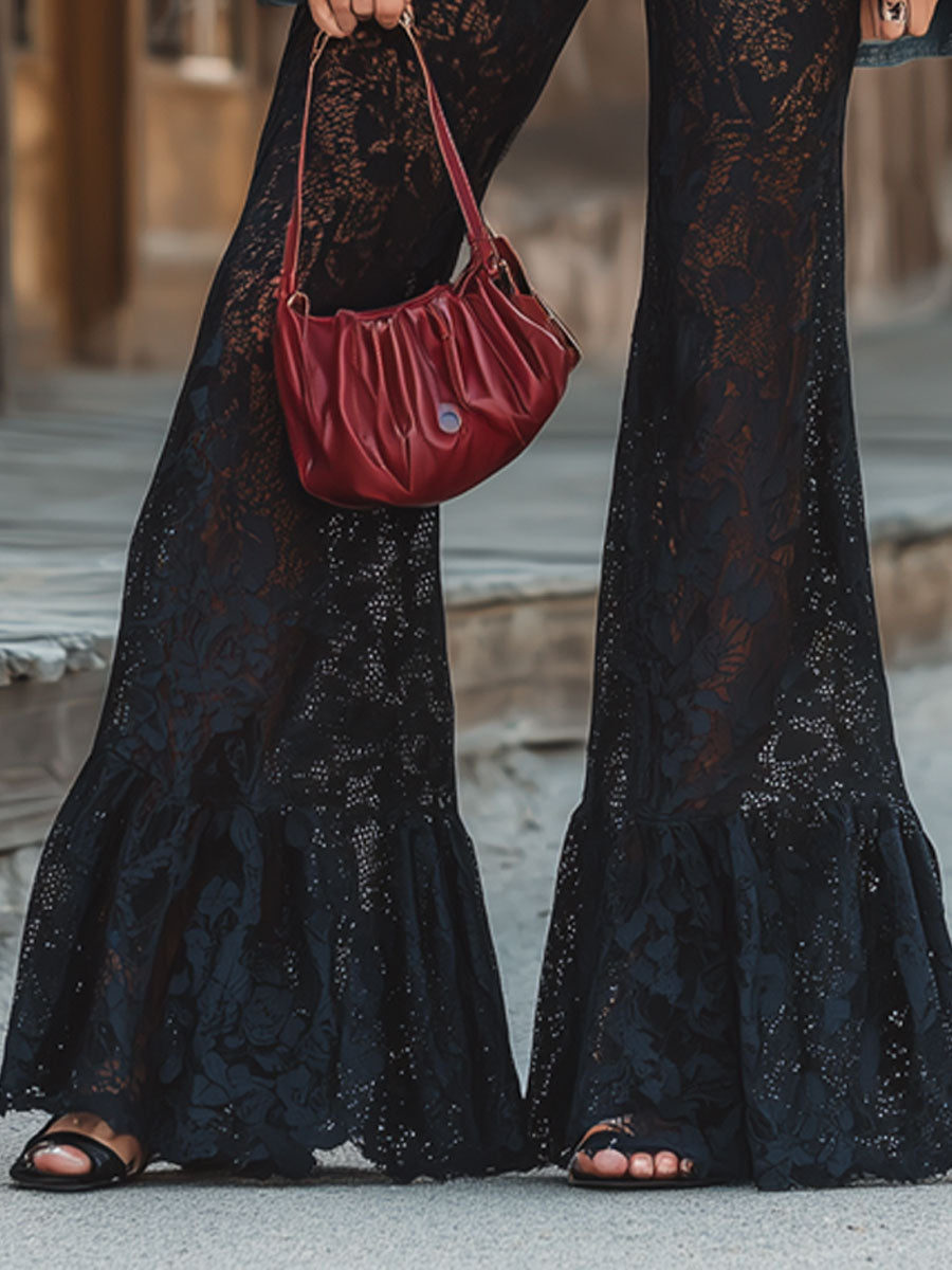 Retro Bohemian Black Lace Flared Pants