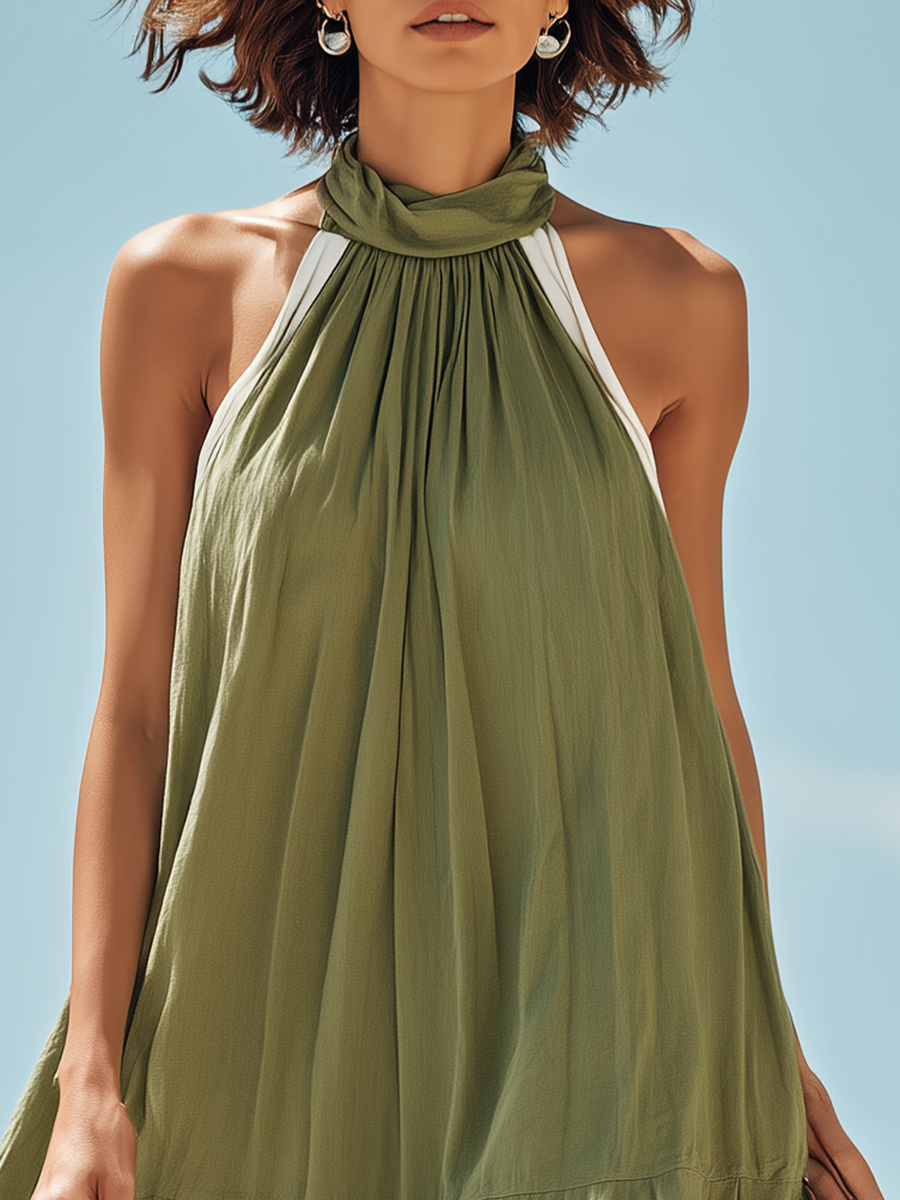 Resort-style Green Round Neck Sleeveless Maxi Dress