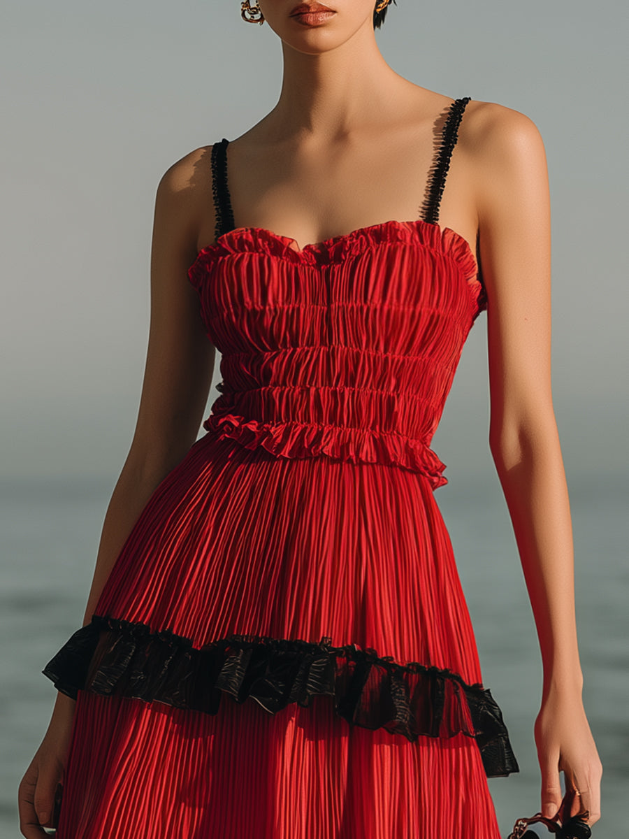 Fashion Party Red And Black And Beige Color Block Pleated Chiffon Spaghetti Strap Midi Dress