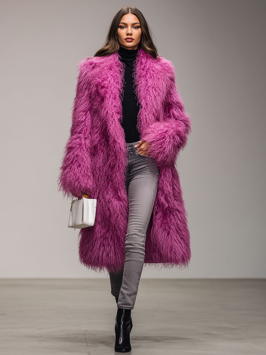 Dragon Fruit Colored Lapel Warm Eco-friendly Fur Coat