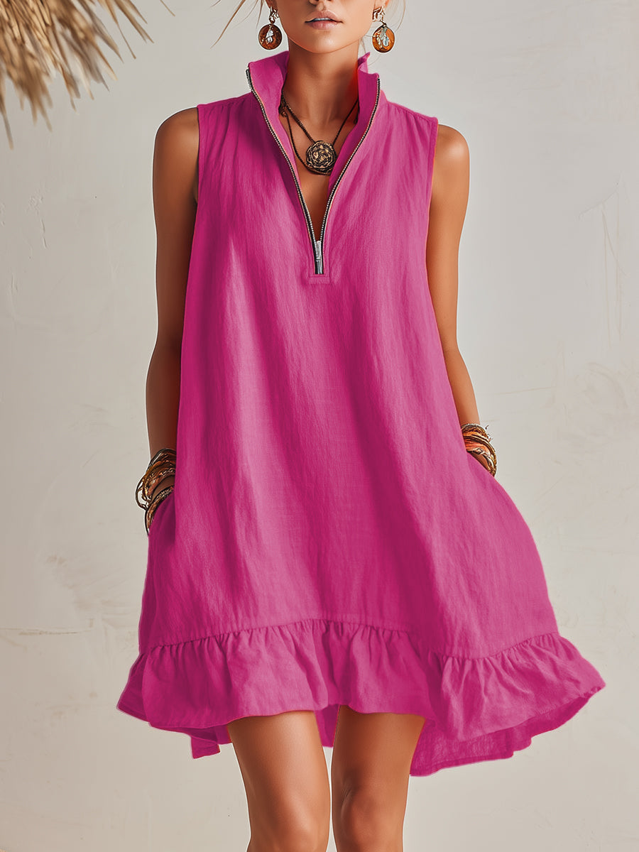 Vibrant Resort Orange Cotton Linen Half-Zip Stand Collar Ruffled Hem Mini Dress