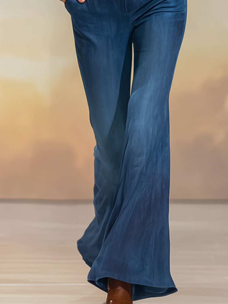 Fashion Retro Blue And White Gradient Washed Denim Lapel Jumpsuit
