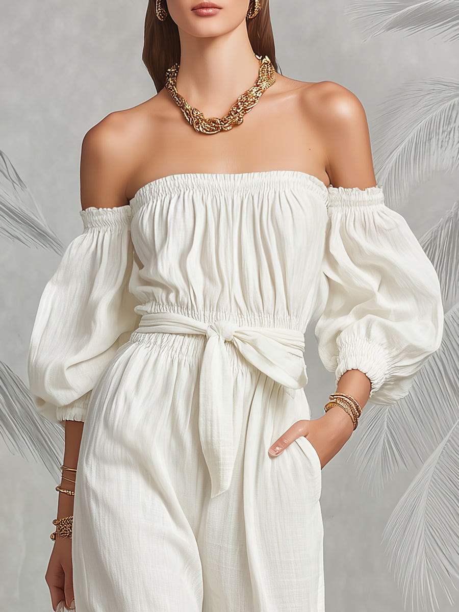 Fashionable Vacation White Cotton And Linen Off-shoulder Elastic Jumpsuit