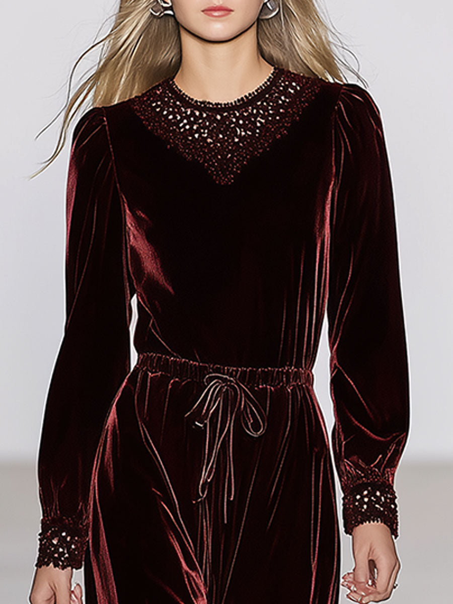 Elegant Retro Burgundy Velvet Lace Maxi Dress