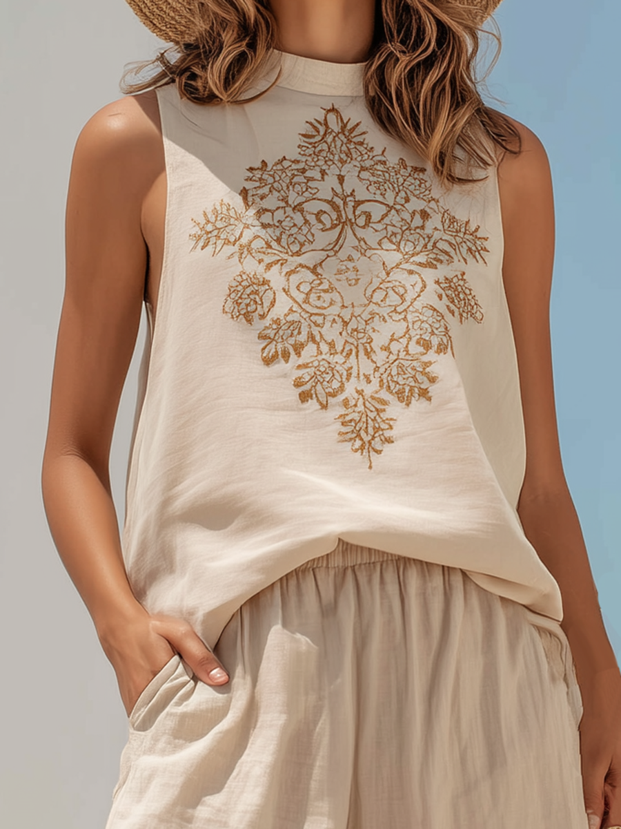 Bohemian Style Beige Sleeveless Embroidered Top And Wide-leg Pants Set