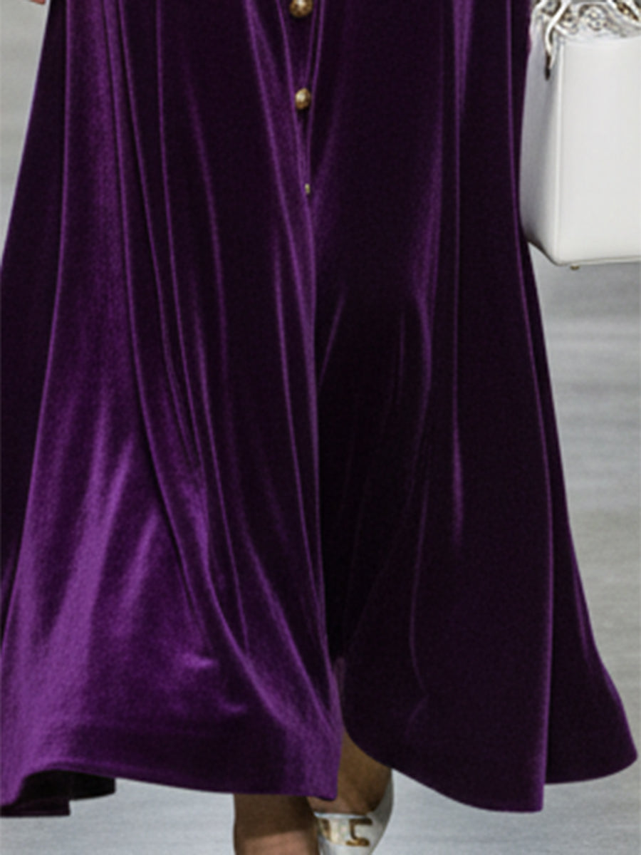 Elegant Purple Velvet Maxi Dress With Gold Buttons