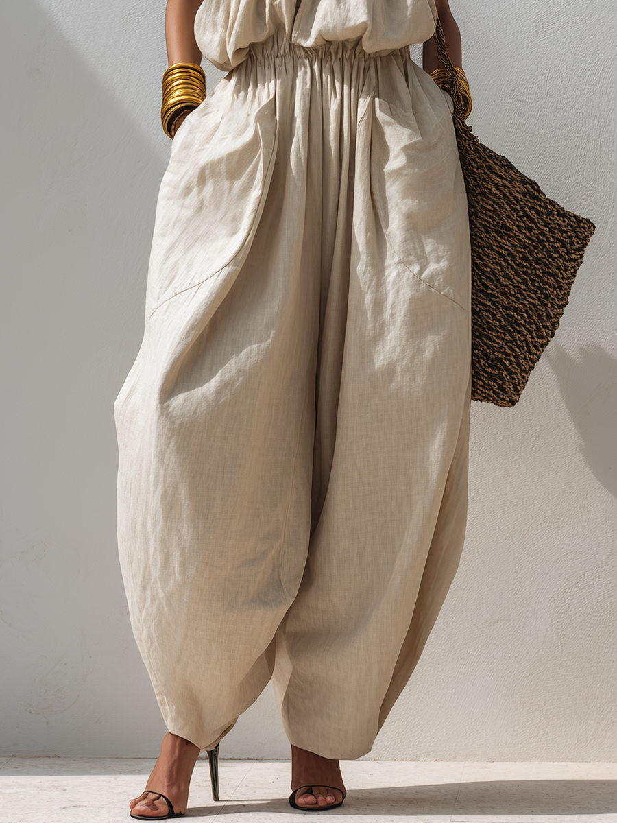 Casual Loose Sleeveless Tapered Beige Cotton And Linen Jumpsuit