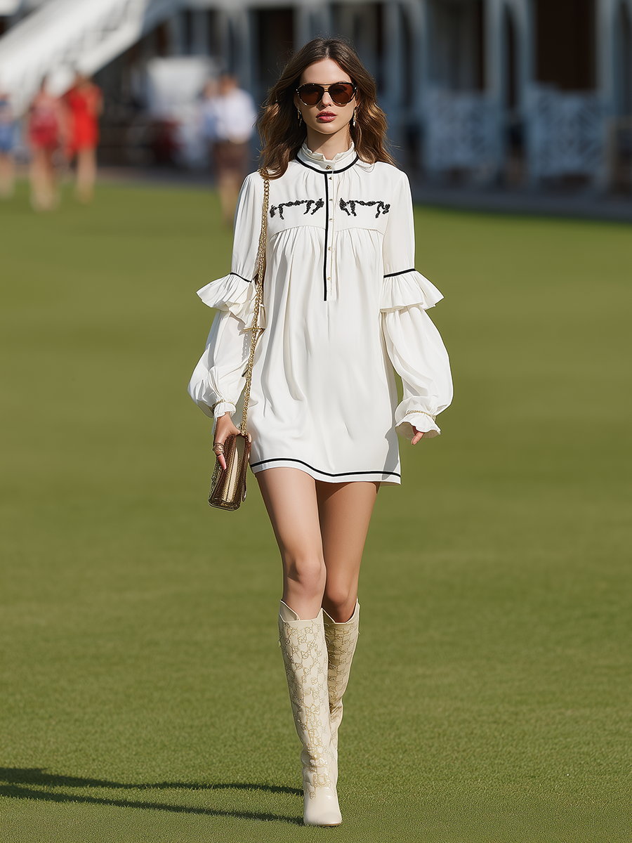 White Resort-style High-neck Embroidered Mini Dress