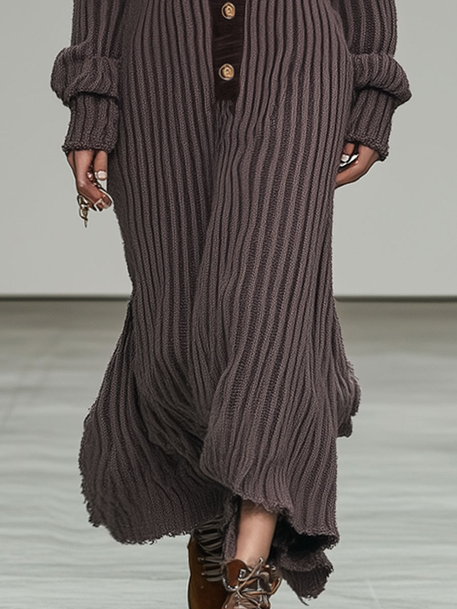 Casual And Fashionable Purple Woolen Striped Loose Maxi Dress