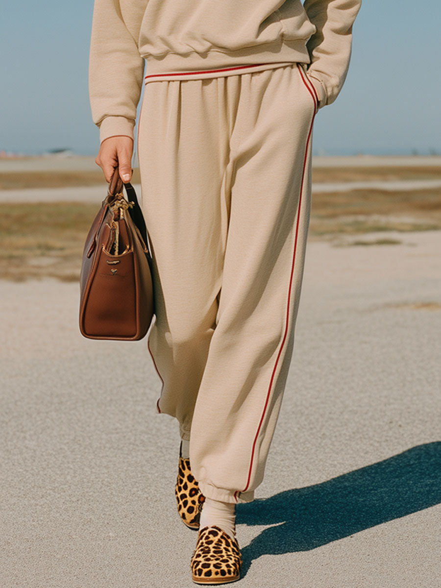 Vintage Long Sleeve Striped Trim Khaki Henley Sweatshirt Pants Set