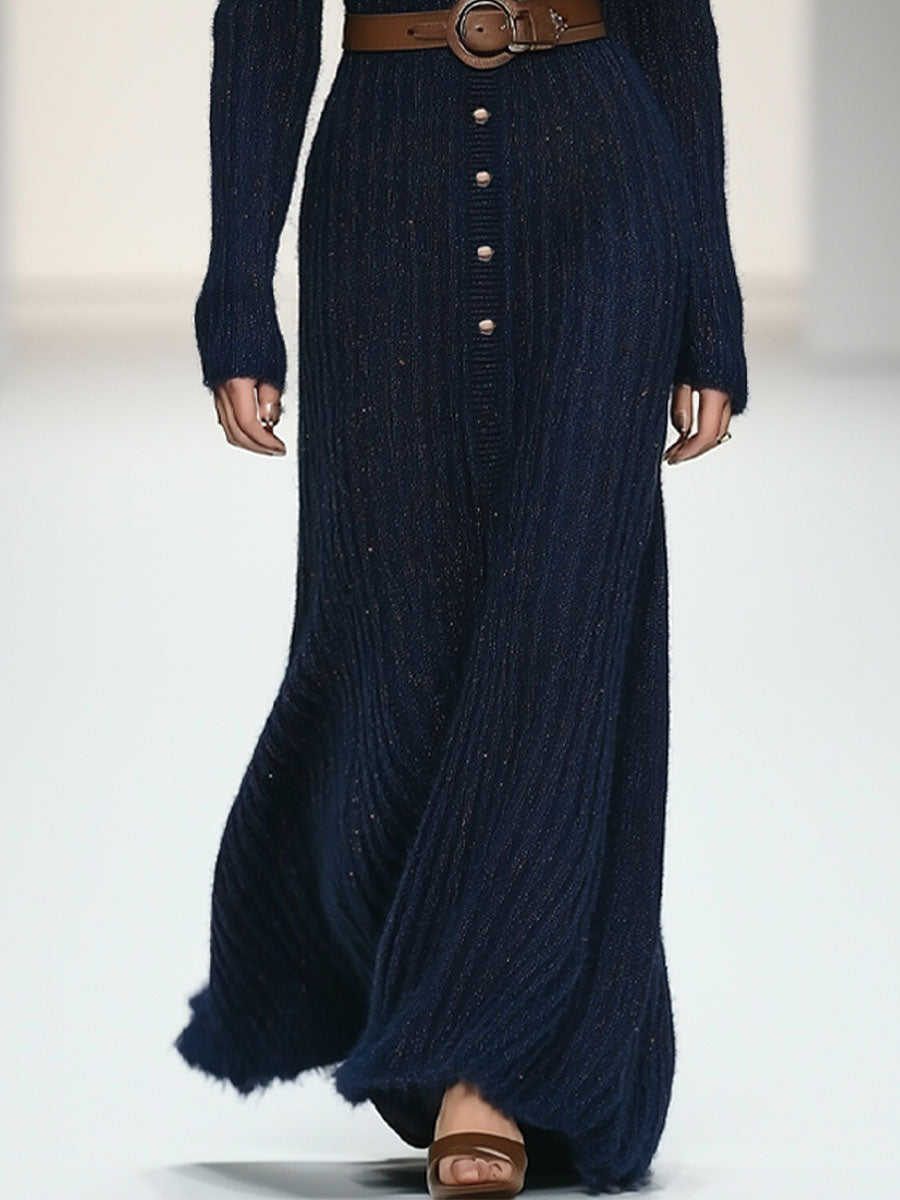 Fashionable And Elegant Dark Blue V-Neck Waist Long-Sleeved Maxi Dress