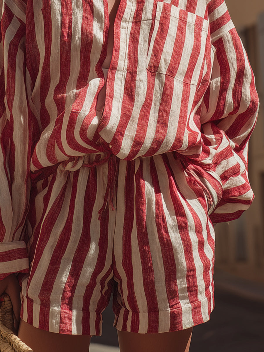 Italian-style Resort Red And White Striped Cotton And Linen Loose Shirt And Shorts Set