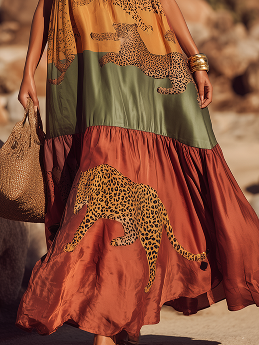 Retro And Stylish Animal Print Thin Straps Satin Maxi Dress