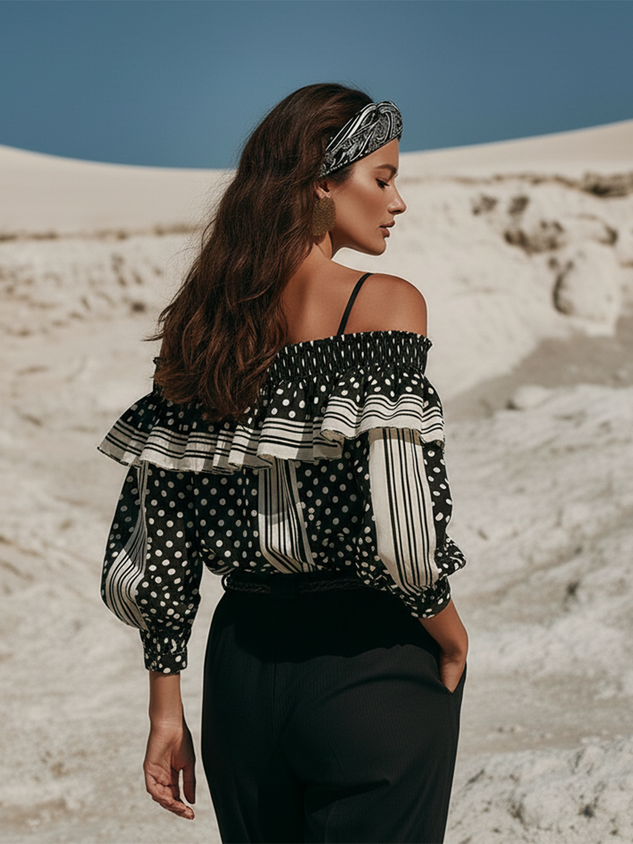 Stylish And Sophisticated Polka Dot And Stripe Patchwork Ruffle Blouse