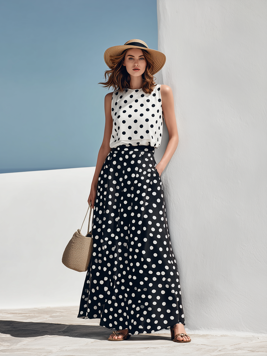 Resort Style Sleeveless Polka Dot Skirt Set