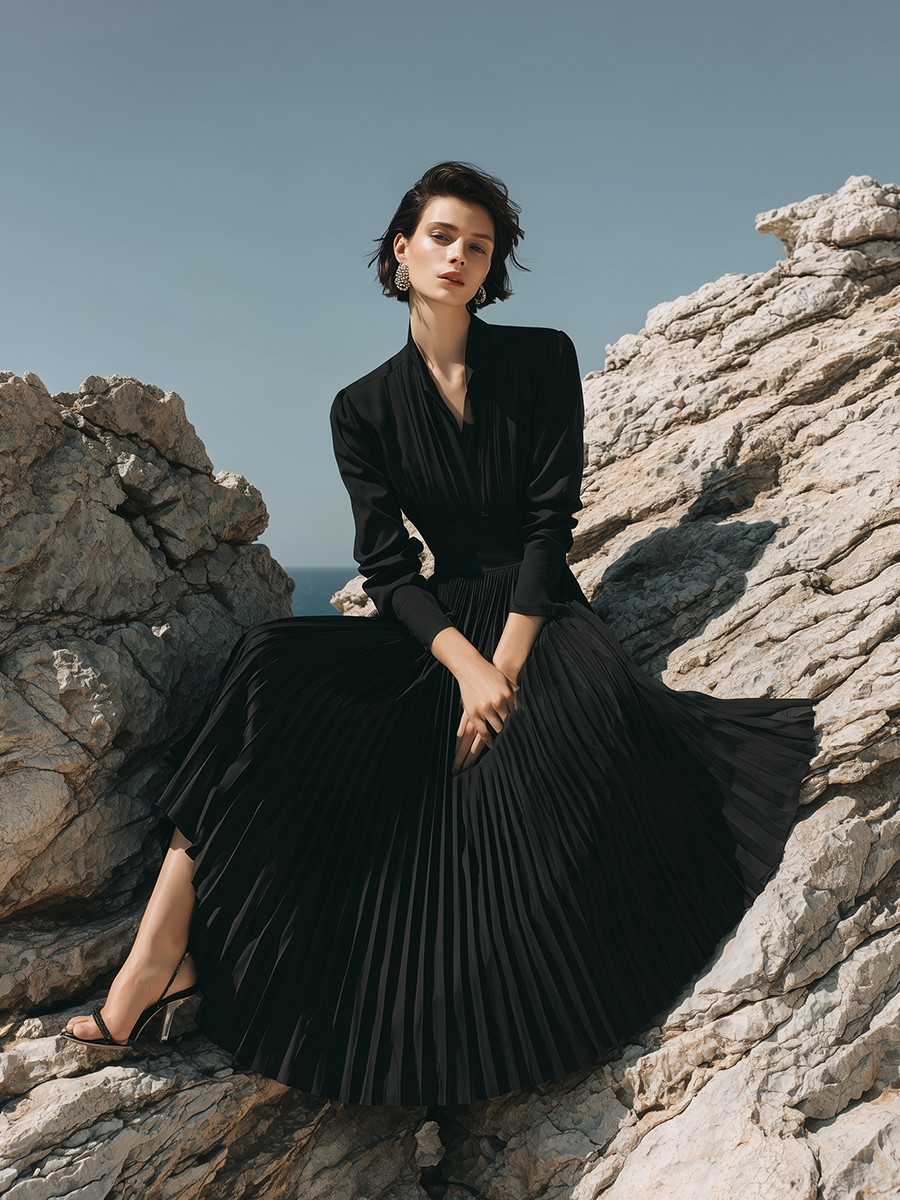 Elegant And Stylish V-neck Pleated Hem Black Maxi Dress