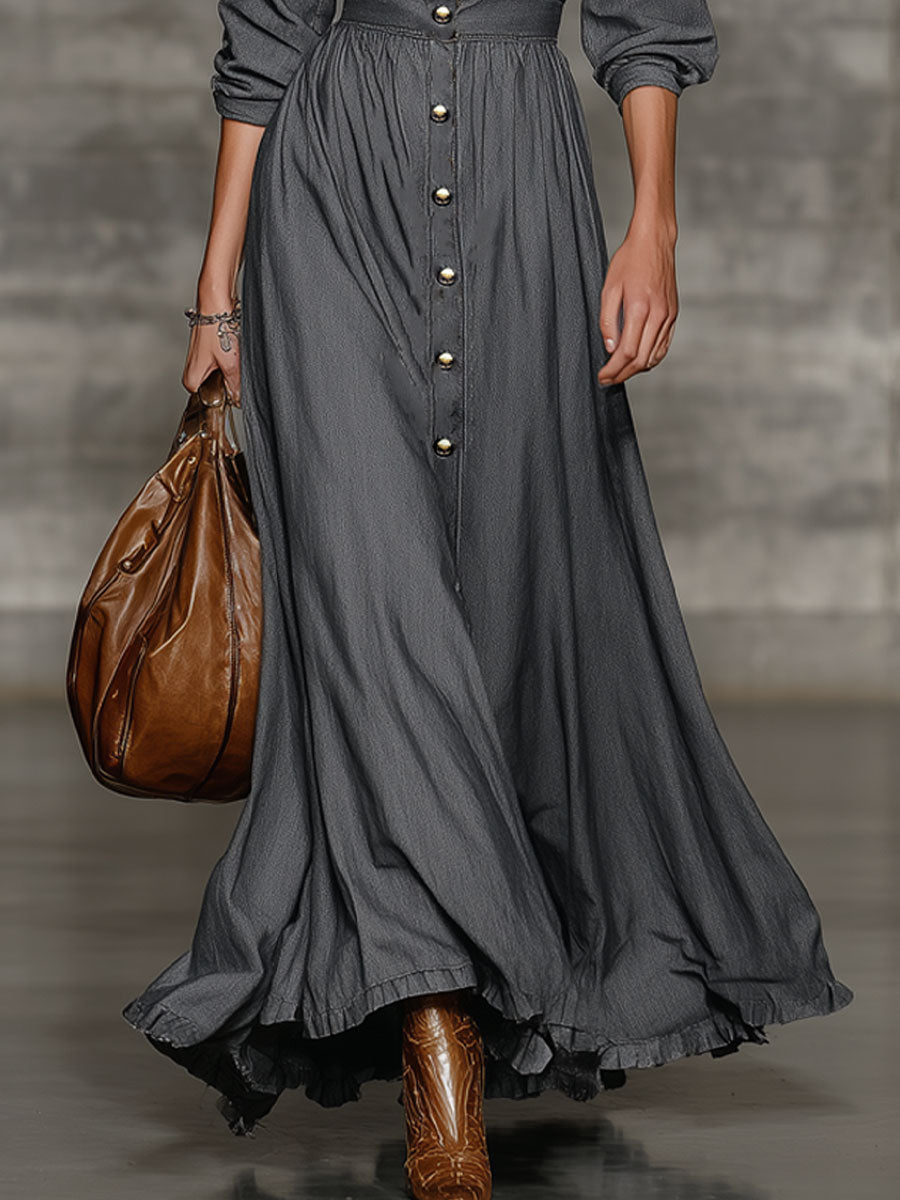 Fashionable Urban Casual Dark Gray Washed Denim Lapel Long-Sleeved Maxi Dress