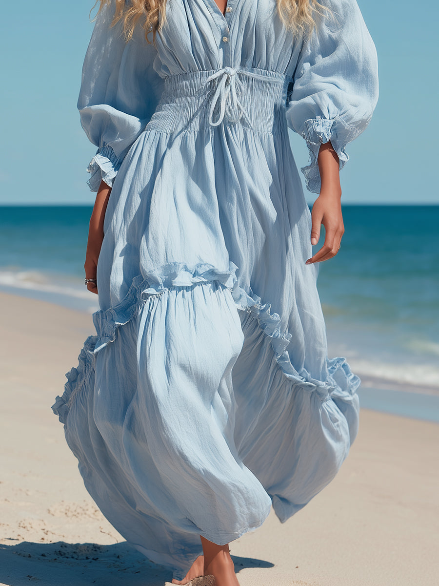 Relaxed Vacation-ready Light Blue Drawstring Maxi Dress