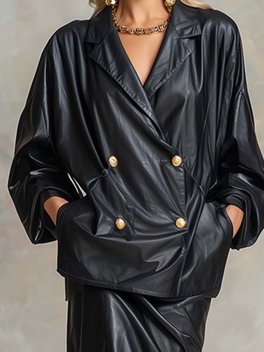 Casual And Fashionable Black PU Suit Skirt Loose Set