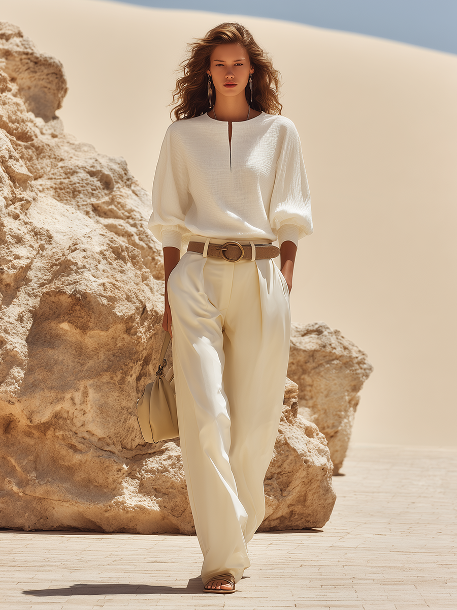Resort-style Cotton V-neck Long-sleeved Trouser Set