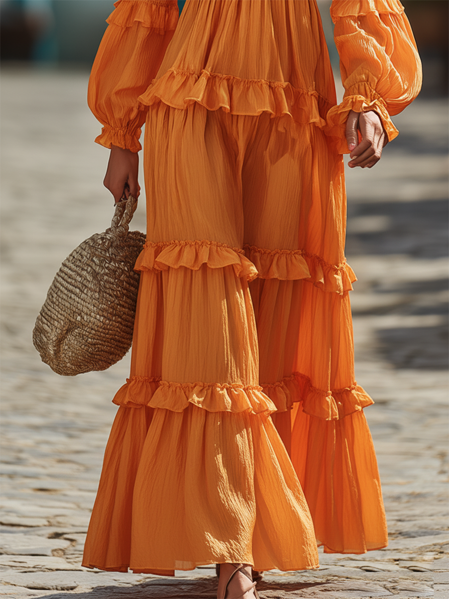 Romantic Bohemian V-neck Ruffled Orange Cotton Textured Maxi Dress