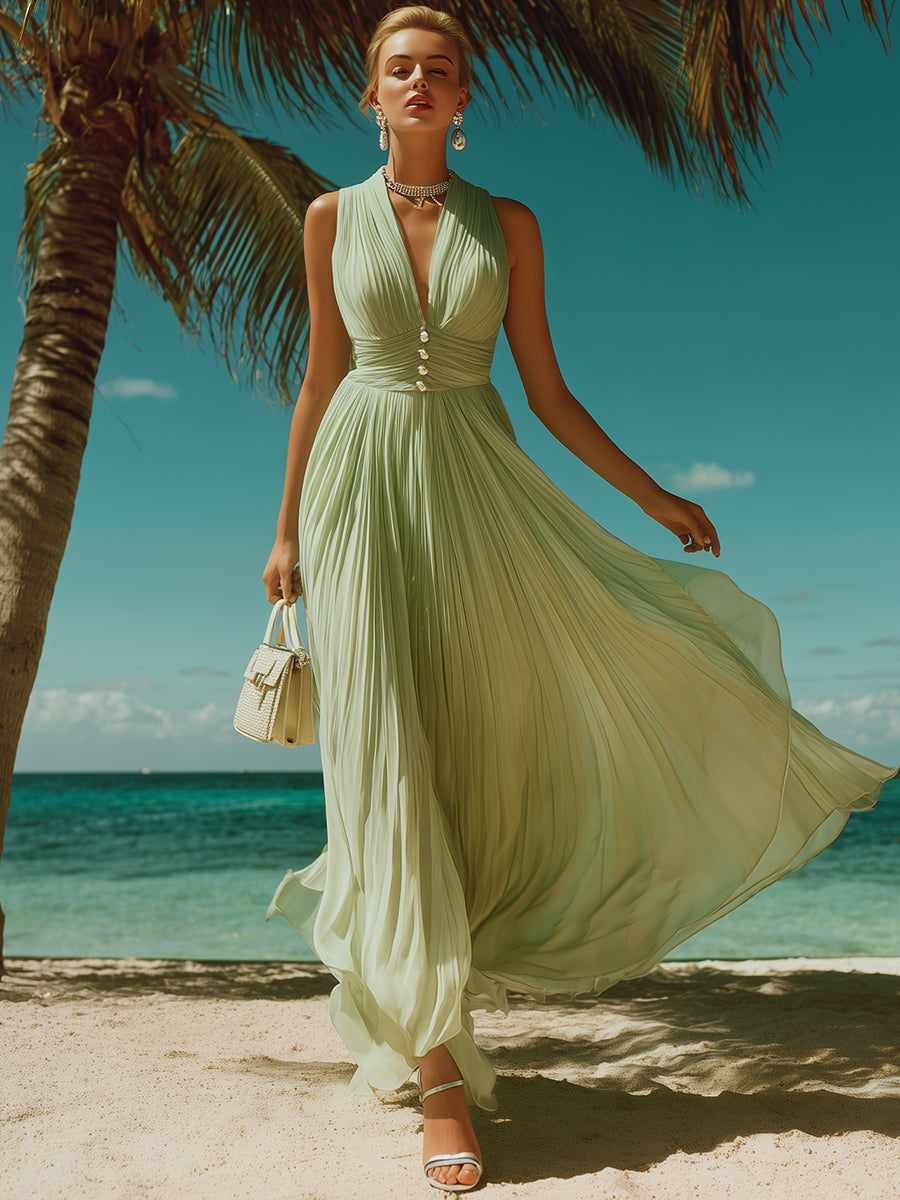 Bohemian Elegant Light Green Chiffon Pleated Maxi Dress