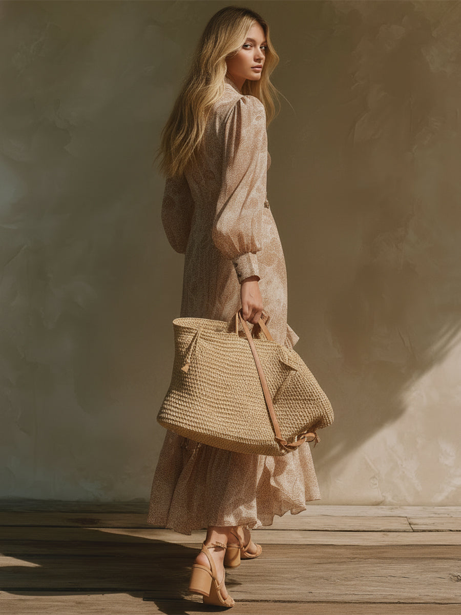 Elegant And Stylish Light Khaki Paisley Chiffon Shorter In The Front And Longer In The Back Maxi Dress