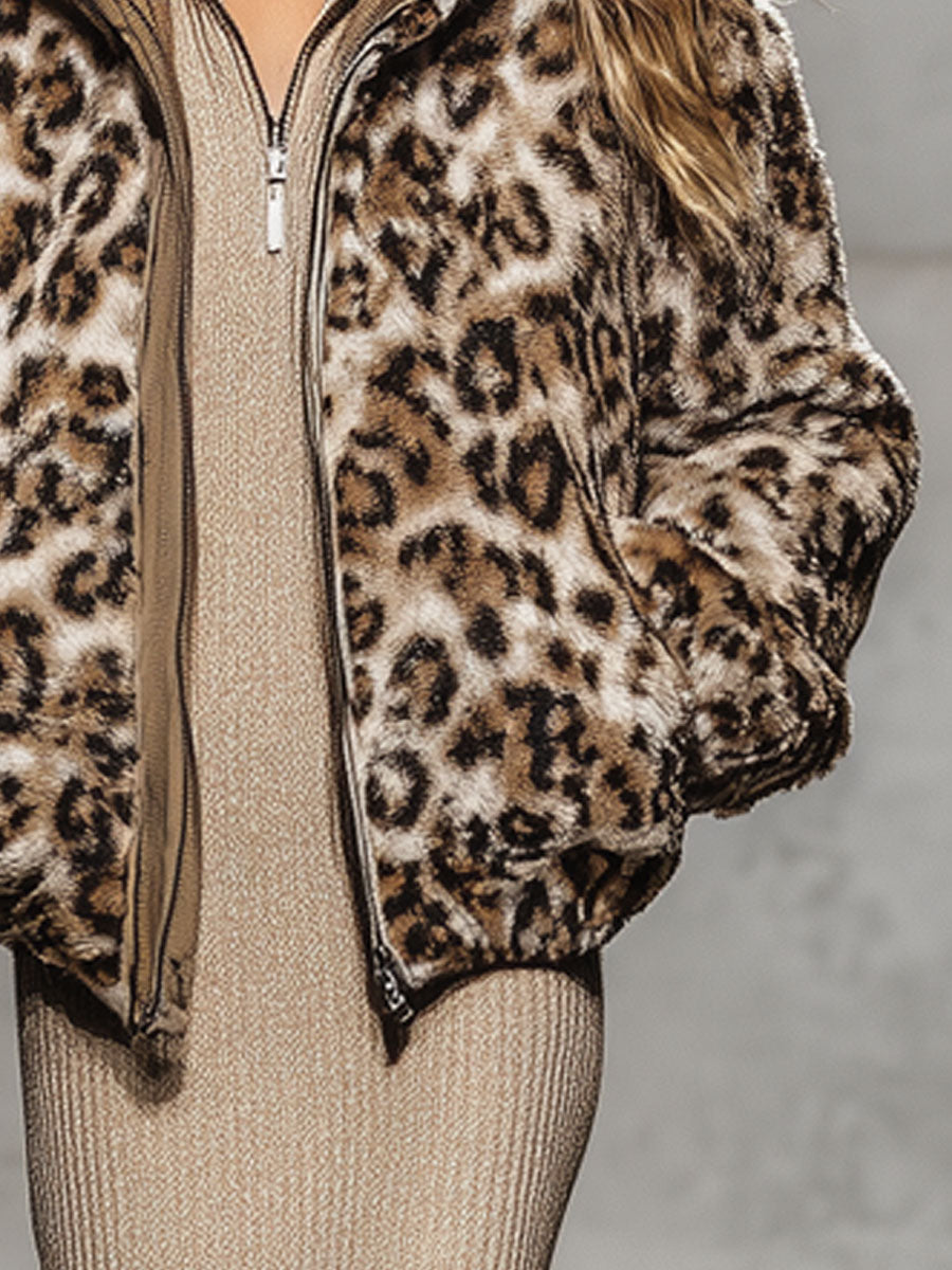 Casual Retro Khaki Coral Velvet Leopard Print Coat