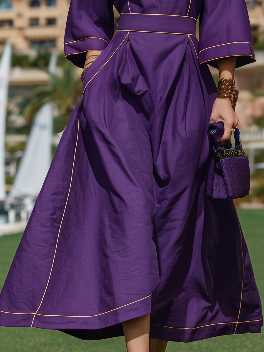 Vacation-style Purple High-neck Long-sleeved Midi Dress