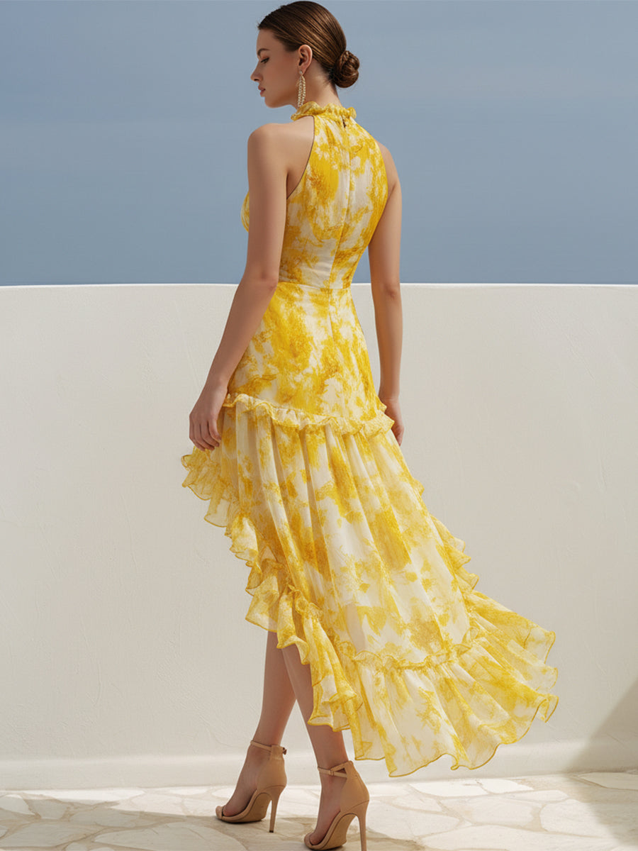 Luxury Resort Sunflower Yellow Watercolor Print Chiffon Ruffled High-low Maxi Dress