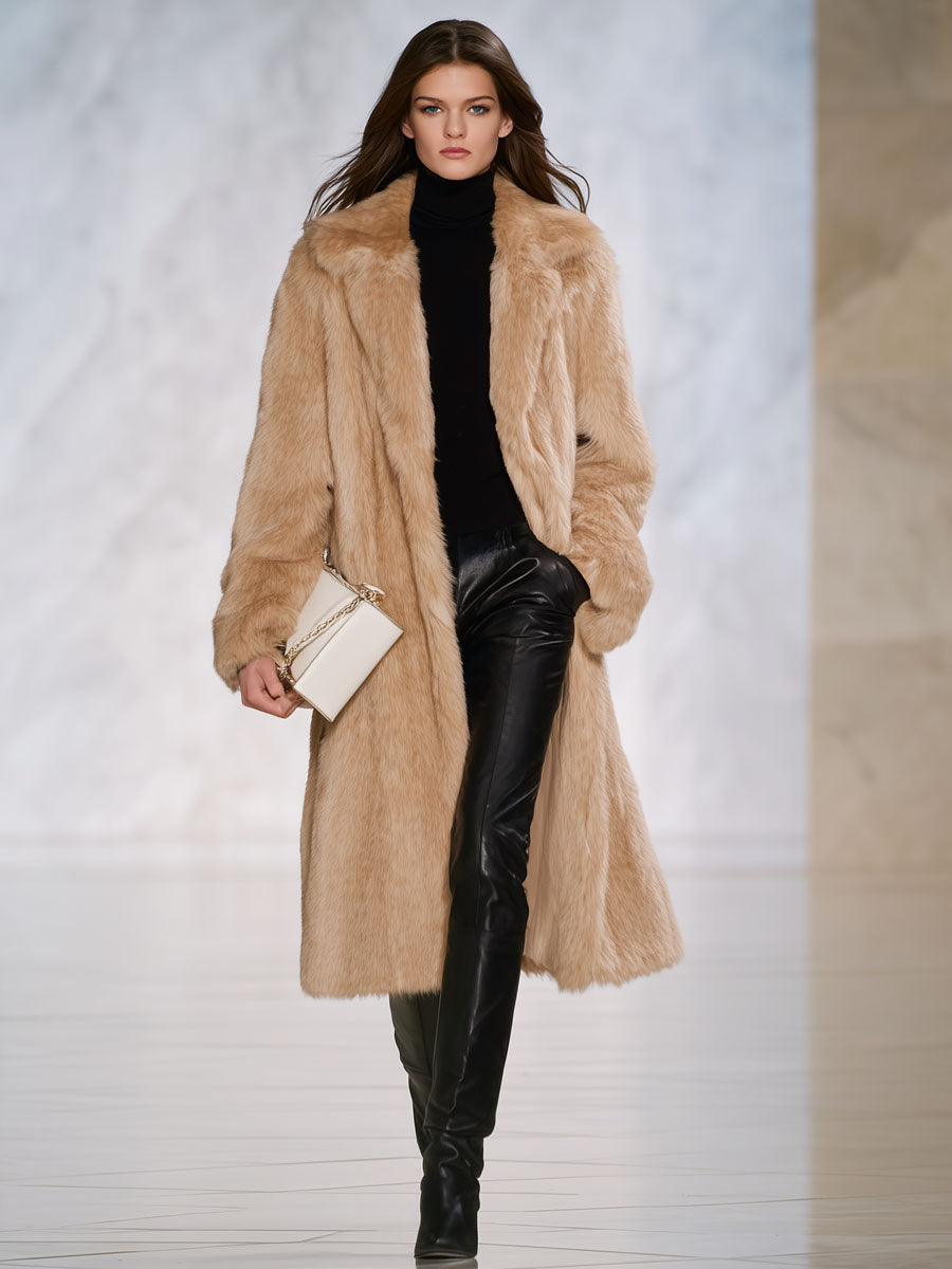 Lapel Mid-length Warm Faux Fur Coat
