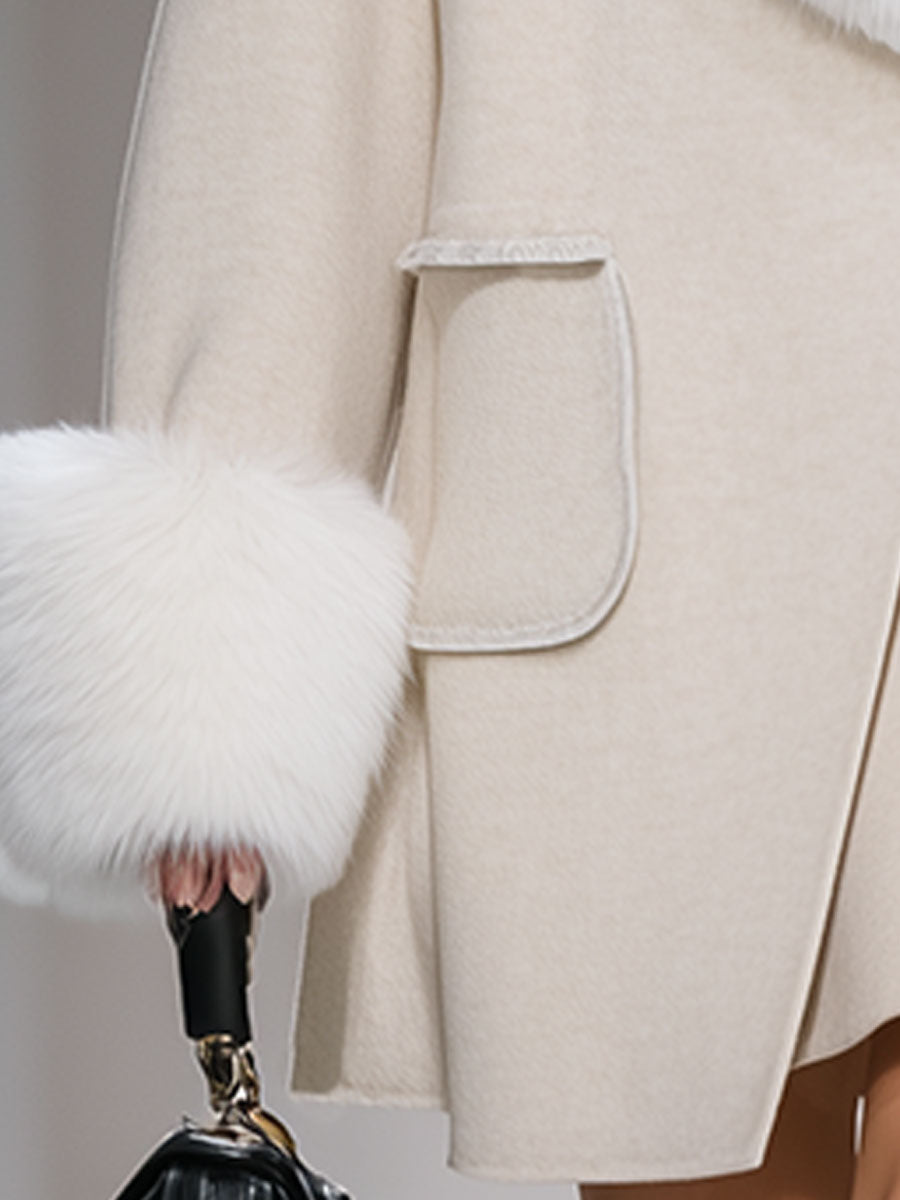 Elegant And Fashionable White Fur Collar Wool Coat