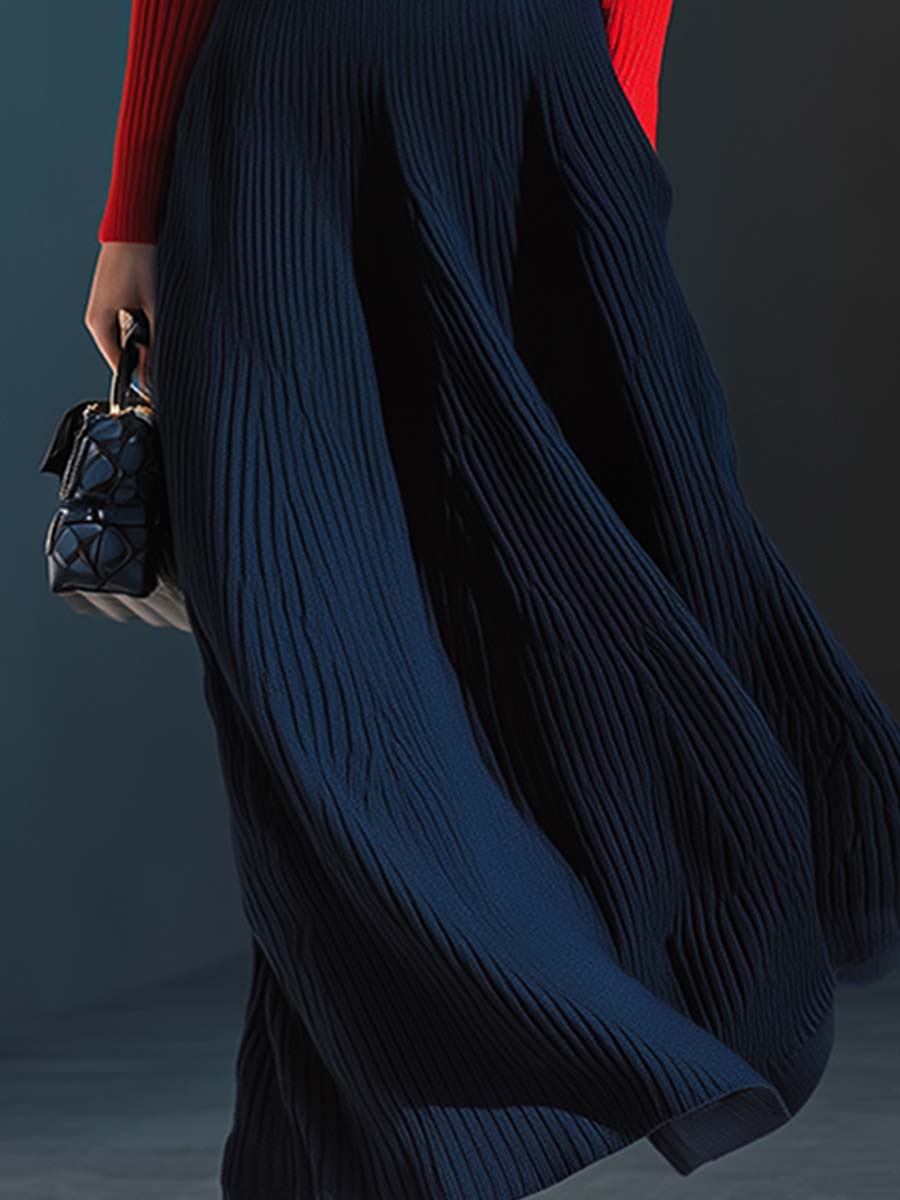 Elegant Contrast Striped Dark Blue Stand Collar Knitted Long Sleeve Maxi Dress