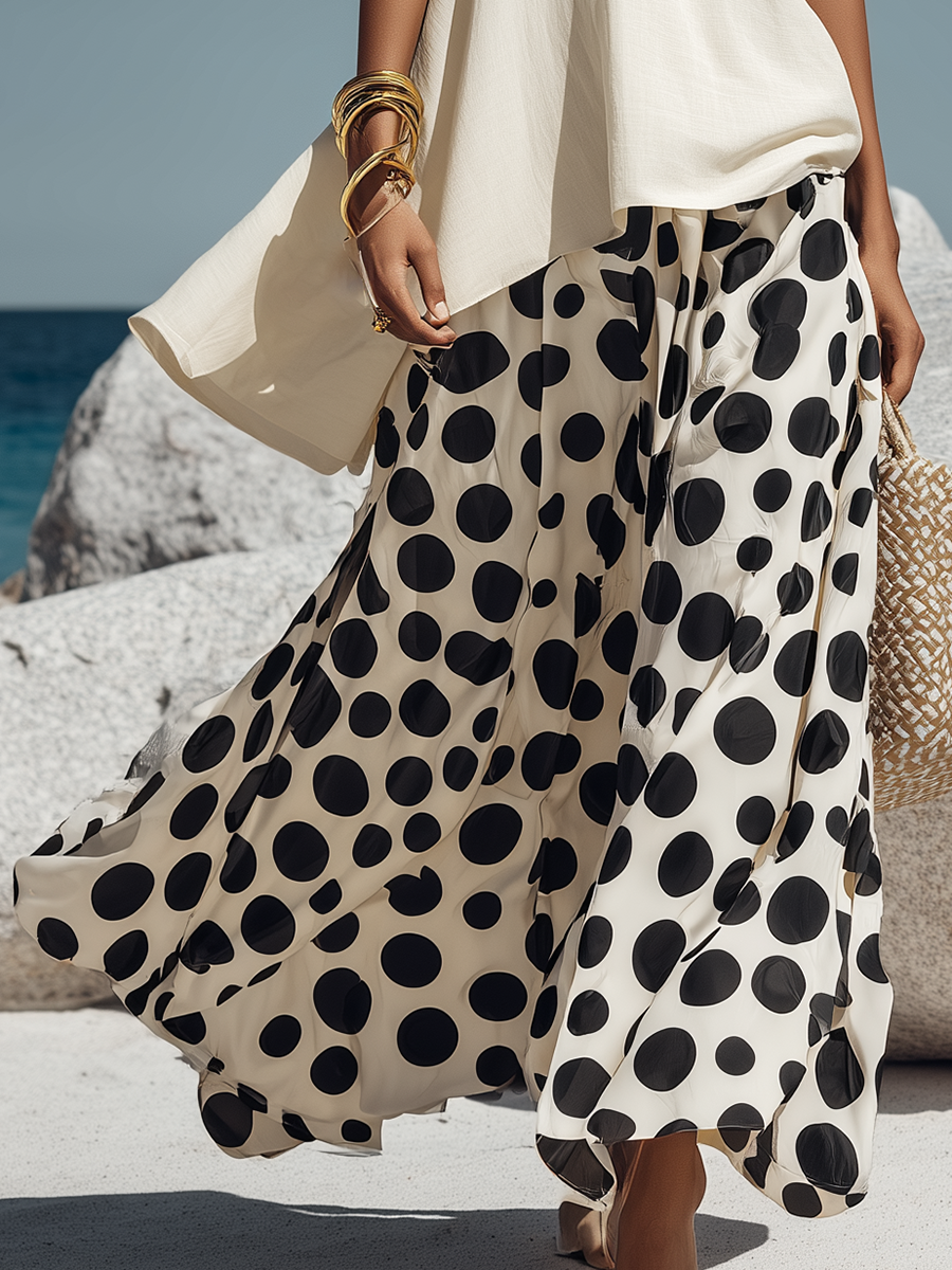 Vacation-style Tencel Top And Polka-dot Chiffon Wide-leg Pants Set