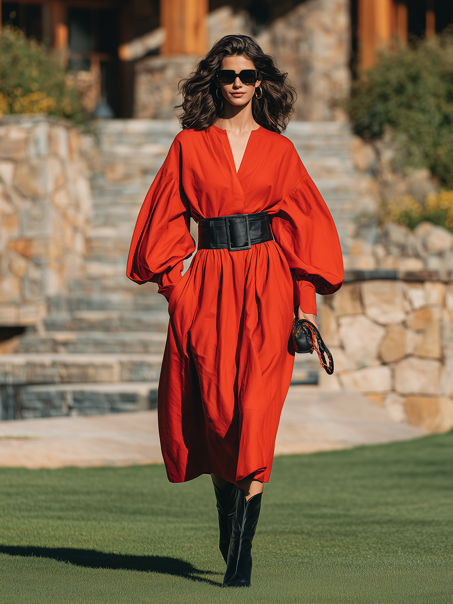 Cotton Resort-style Red Long-sleeved Midi Dress