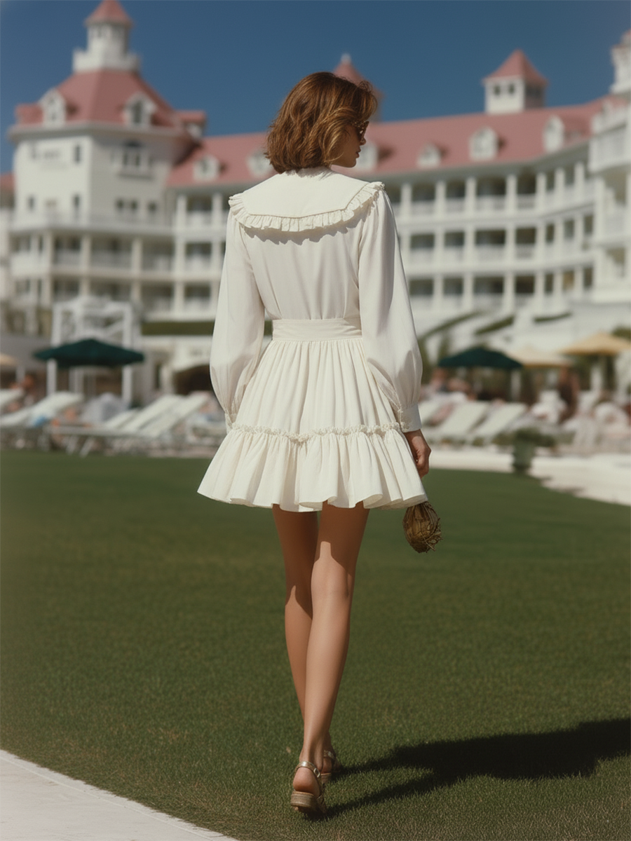 Vacation-style White Cotton Crew Neck Mini Dress