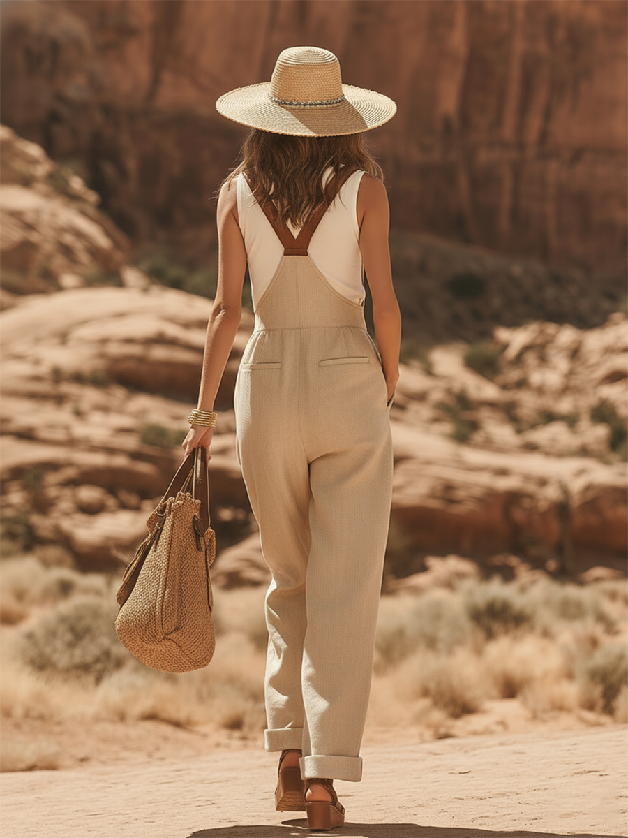 Casual Brown Contrasting Shoulder Straps Beige Cotton And Linen Overalls