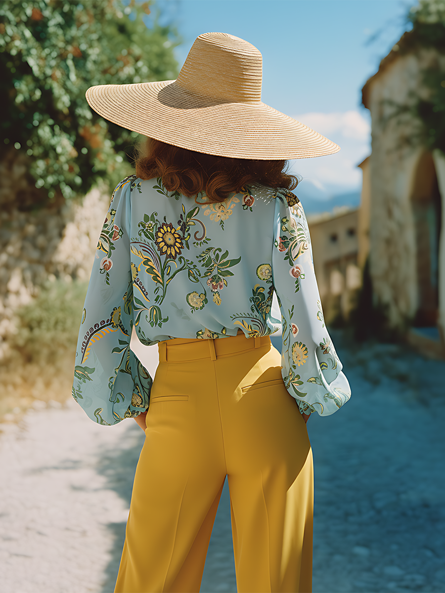 Romantic Bohemian Floral Print Tie-neck Collar Chiffon Blouse