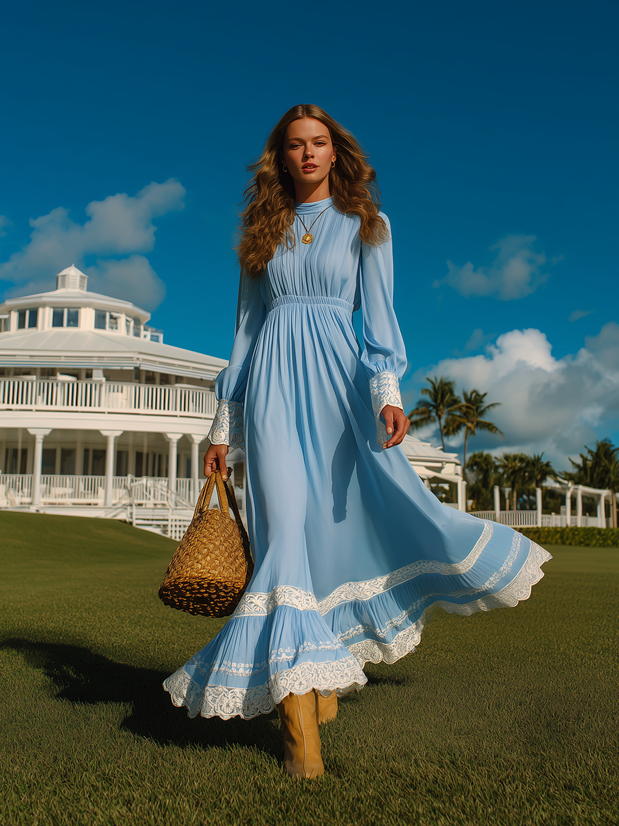 Vacation-style Cotton And Lace Patchwork Round-neck Maxi Dress