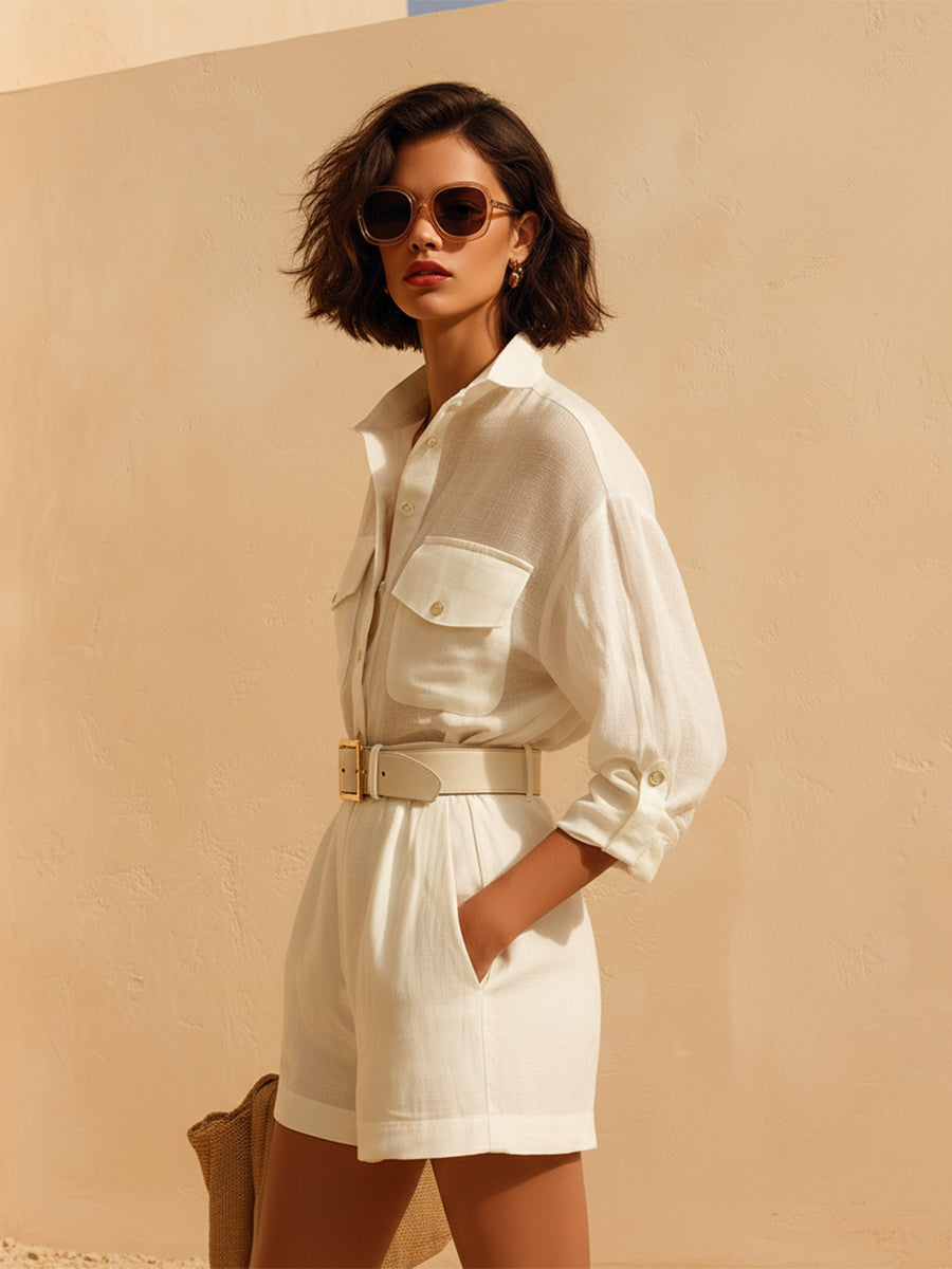 Mediterranean Minimalist Style White Cotton And Linen Loose Shirt And Shorts Set