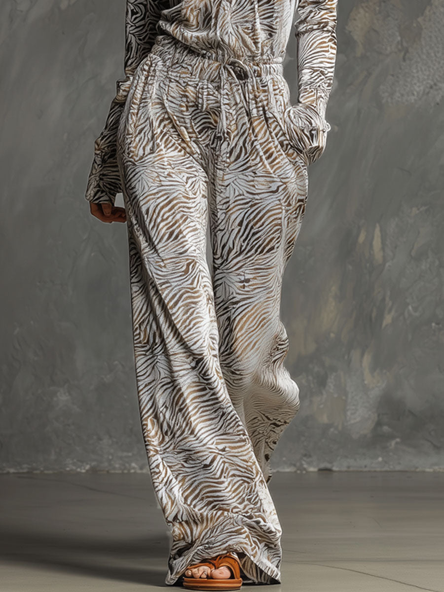 Casual Retro Gray Velvet Zebra Print Long-Sleeved Hooded Wide-Leg Jumpsuit