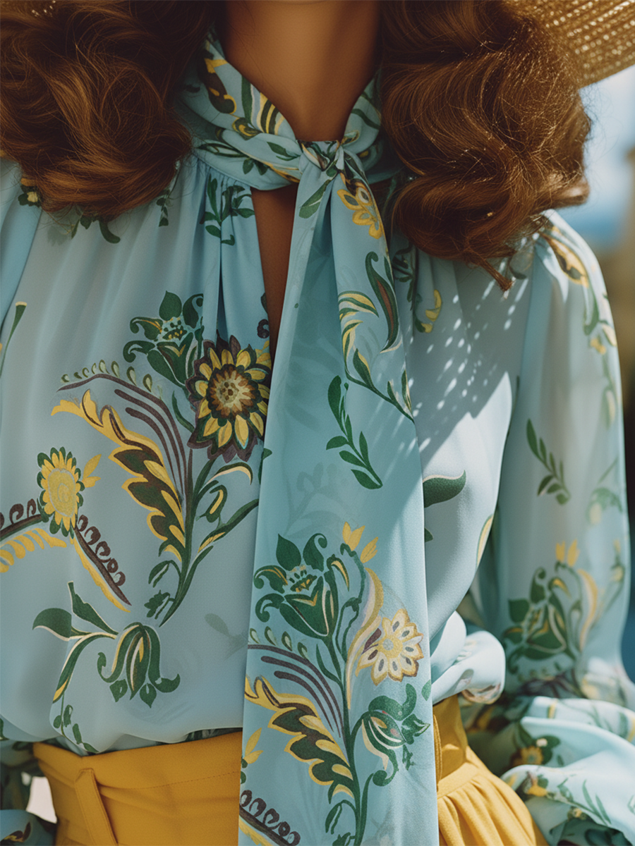 Romantic Bohemian Floral Print Tie-neck Collar Chiffon Blouse