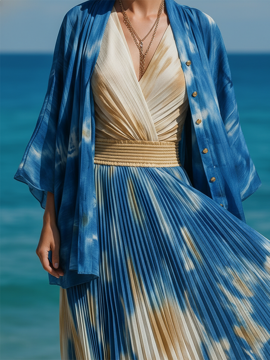 Stylish Vacation-style Printed Chiffon Shirt And Pleated Skirt Set