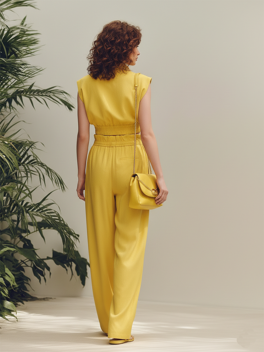 Vacation-style Cotton Yellow V-neck Top And Trousers Set