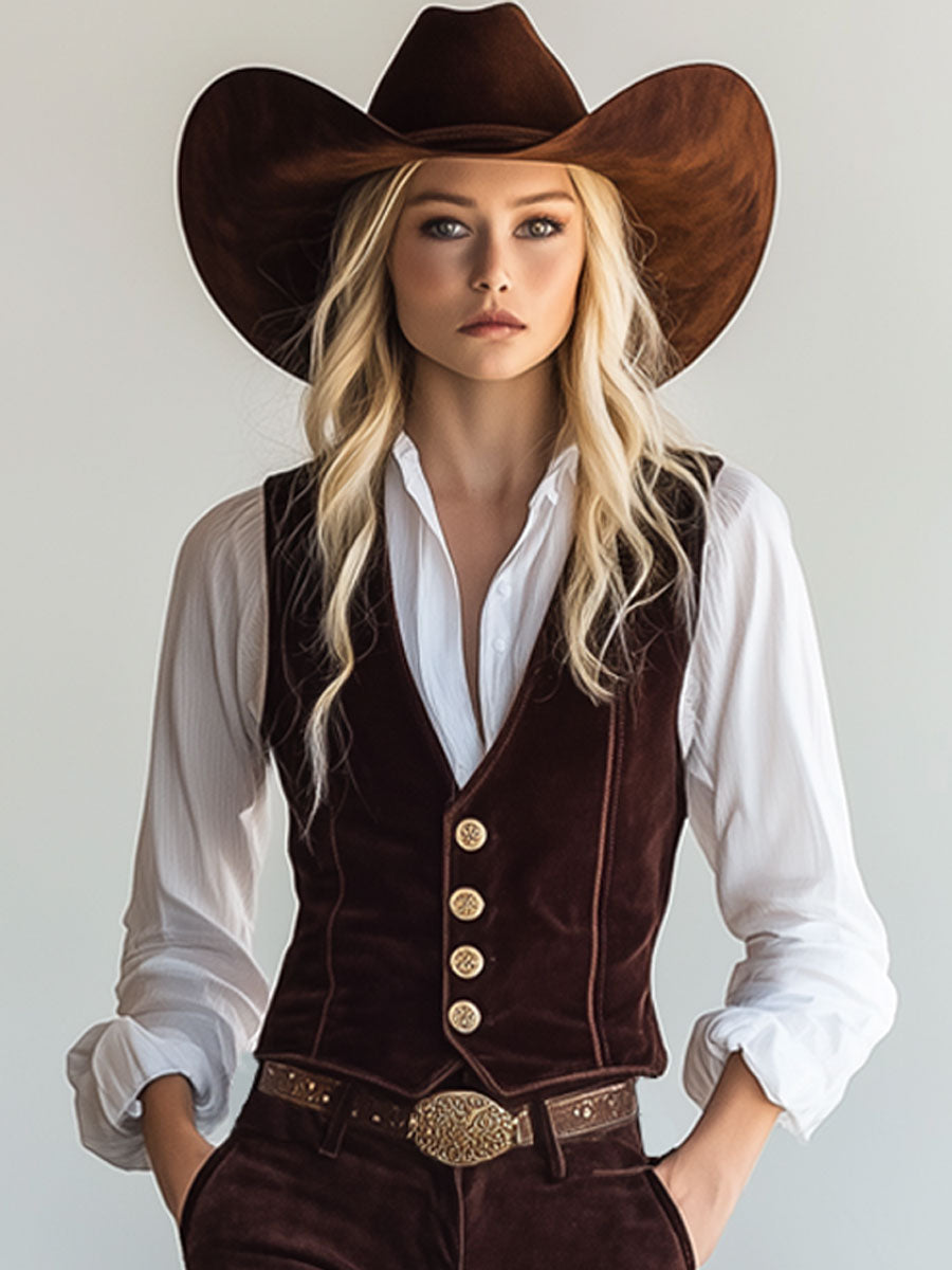Vintage Chocolate Velvet Vest Lace-Up Ruffle Pants Set